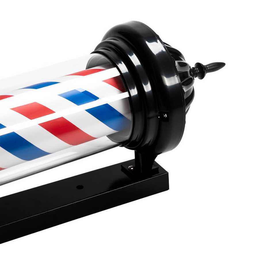 Close-up of barber pole LED sign light with black mounting base