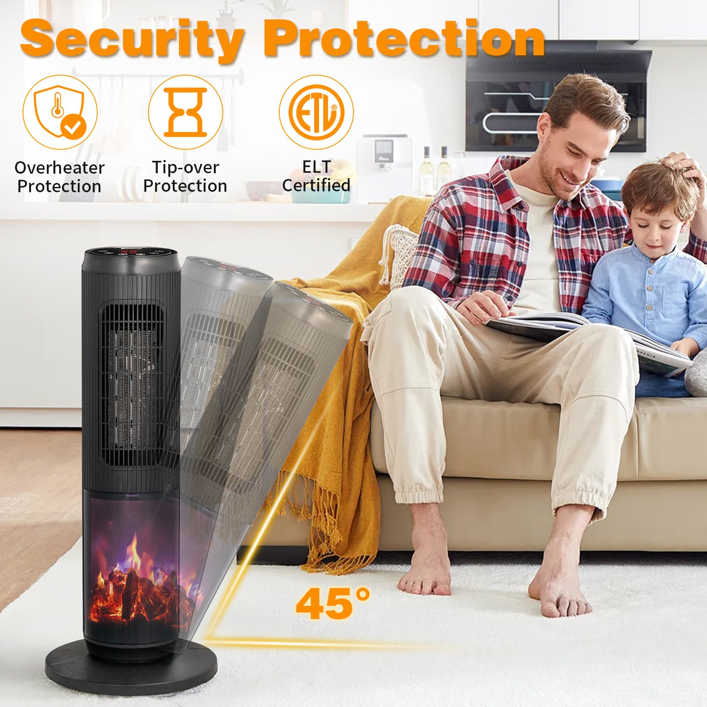 25" Tower Space Heater with 3D Flame, 1500W Portable Electric Heater with Thermostat, 60° Oscillation, Timer, Remote Control, for Indoor Bedroom Office Home, Black