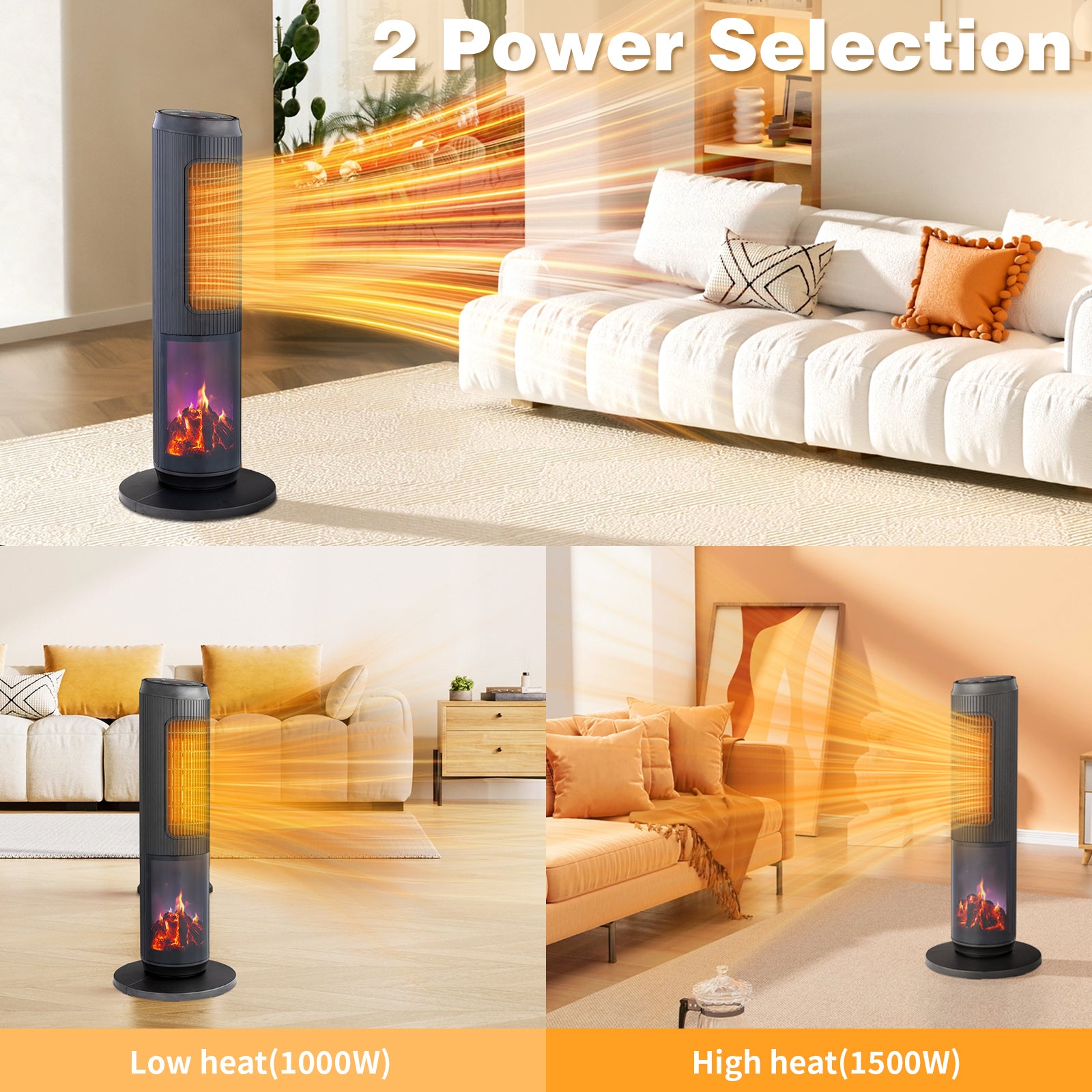 25" Tower Space Heater with 3D Flame, 1500W Portable Electric Heater with Thermostat, 60° Oscillation, Timer, Remote Control, for Indoor Bedroom Office Home, Black