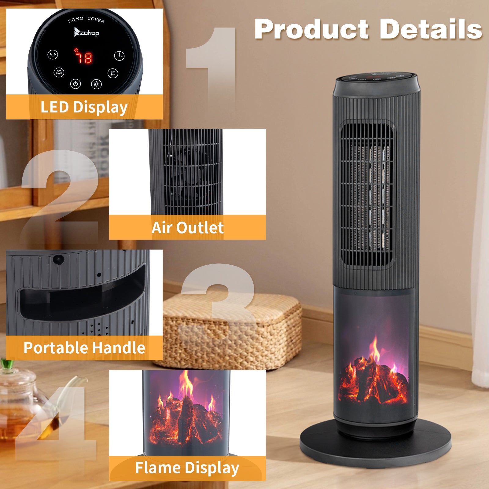 25" Tower Space Heater with 3D Flame, 1500W Portable Electric Heater with Thermostat, 60° Oscillation, Timer, Remote Control, for Indoor Bedroom Office Home, Black