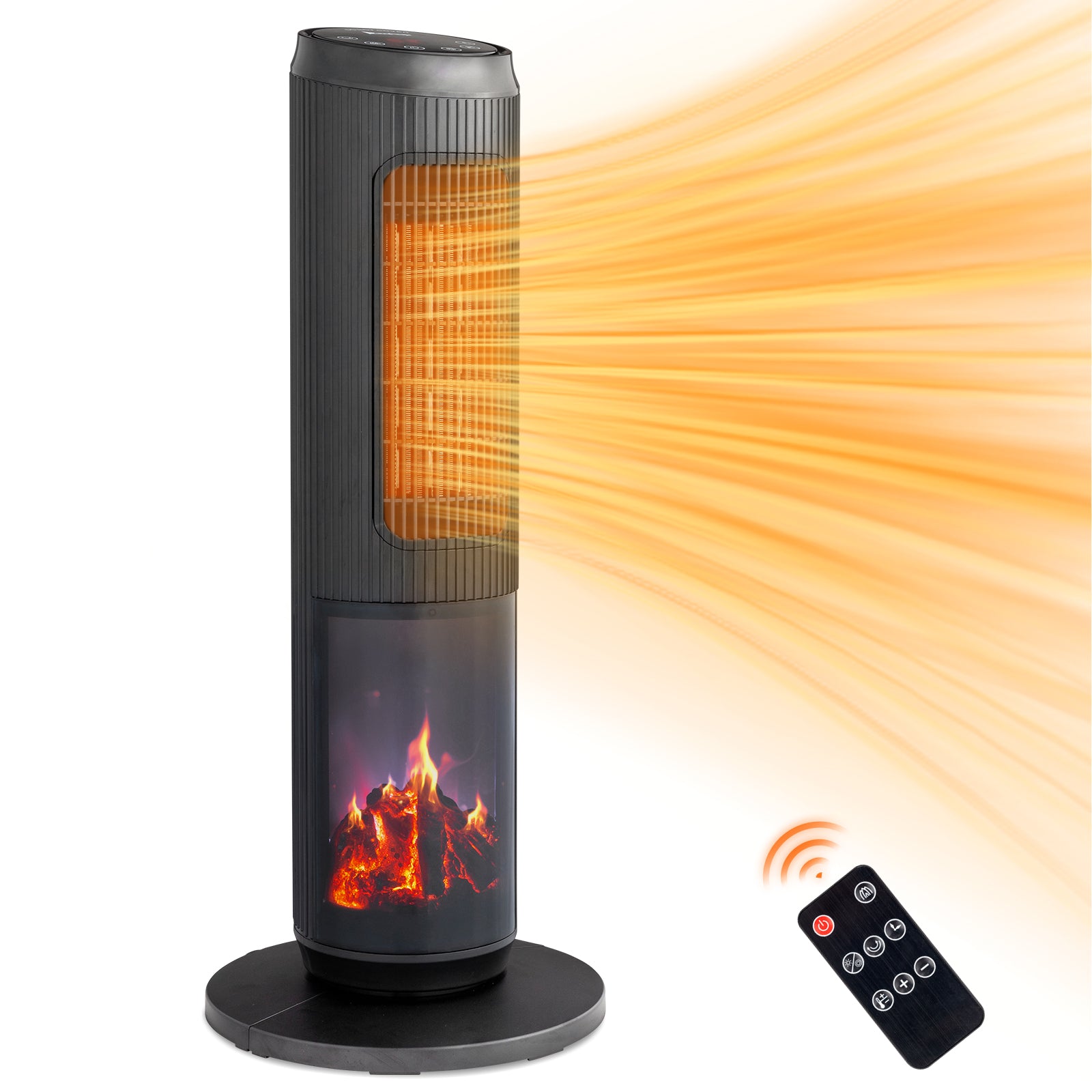 25" Tower Space Heater with 3D Flame, 1500W Portable Electric Heater with Thermostat, 60° Oscillation, Timer, Remote Control, for Indoor Bedroom Office Home, Black