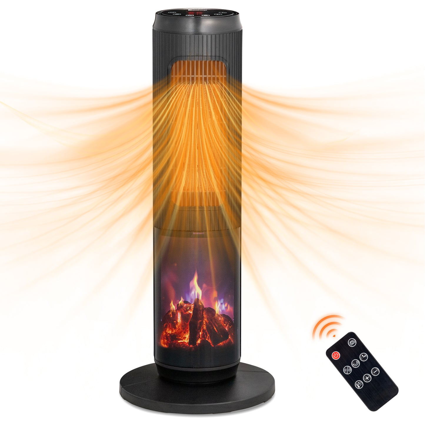 25" Tower Space Heater with 3D Flame, 1500W Portable Electric Heater with Thermostat, 60° Oscillation, Timer, Remote Control, for Indoor Bedroom Office Home, Black