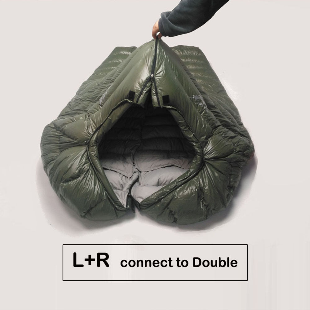 Two winter sleeping bags zipped together to form a double sleeping bag, ideal for cold weather outdoor camping.