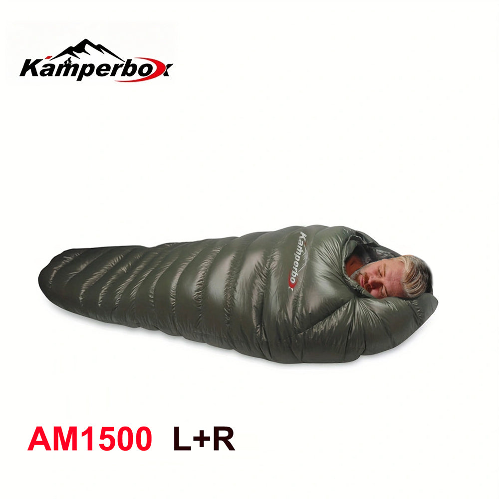 Outdoor camping winter sleeping bag with left and right zipper splicing option, warm and waterproof for solo or double use.