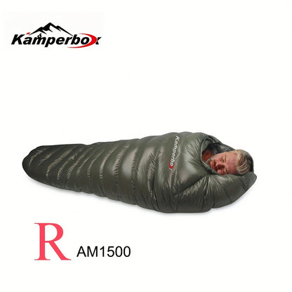 Winter sleeping bag for outdoor camping in mummy style with right-hand zipper, waterproof nylon shell, ideal for cold weather 0-19℉.