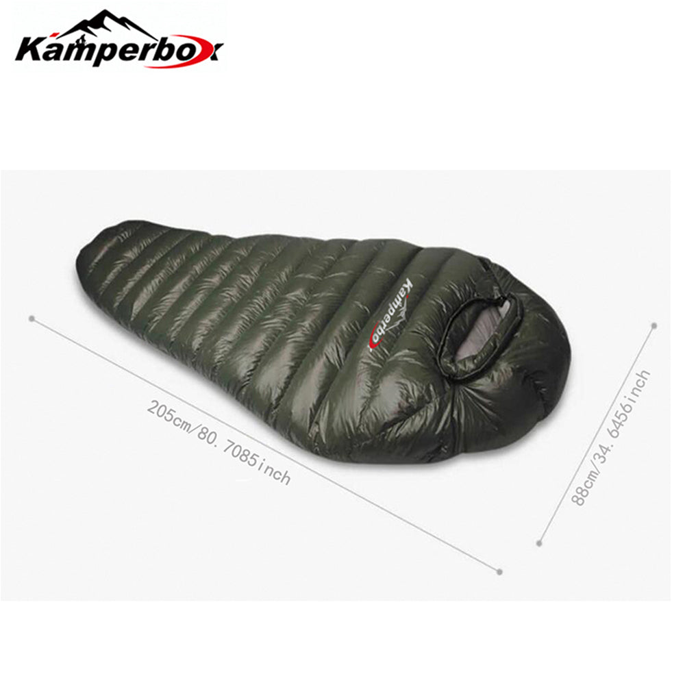 Dimensions of winter sleeping bag for camping, 205cm x 80cm, mummy shape with waterproof nylon shell and warm interior.