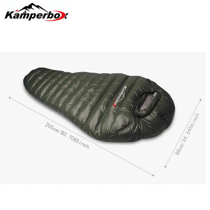 Dimensions of winter sleeping bag for camping, 205cm x 80cm, mummy shape with waterproof nylon shell and warm interior.