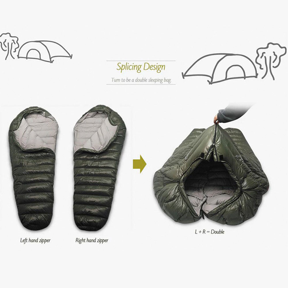 Splicing design of winter sleeping bags with left and right zippers, convertible into a double sleeping bag for outdoor camping.