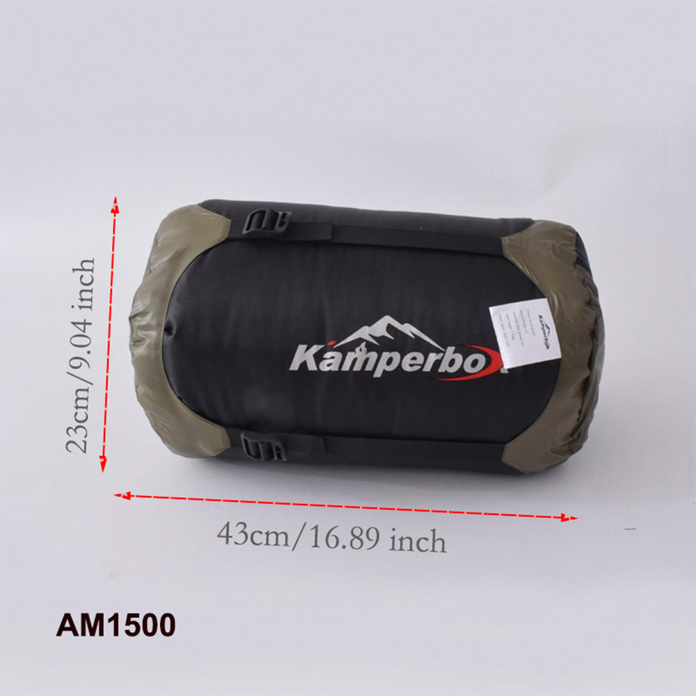 Compact packed winter sleeping bag in compression sack, measuring 43cm x 23cm, easy to carry for outdoor camping trips.