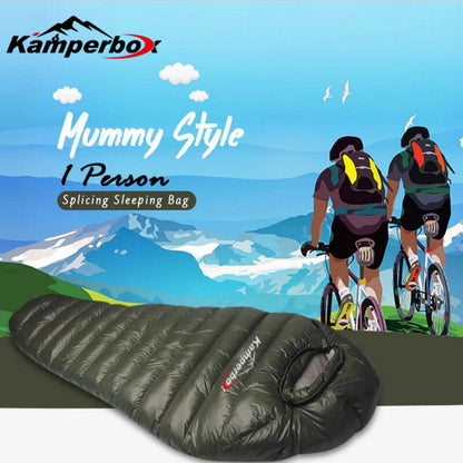 Mummy-style winter sleeping bag for 1 person, perfect for outdoor camping and hiking, shown with mountain biking illustration.