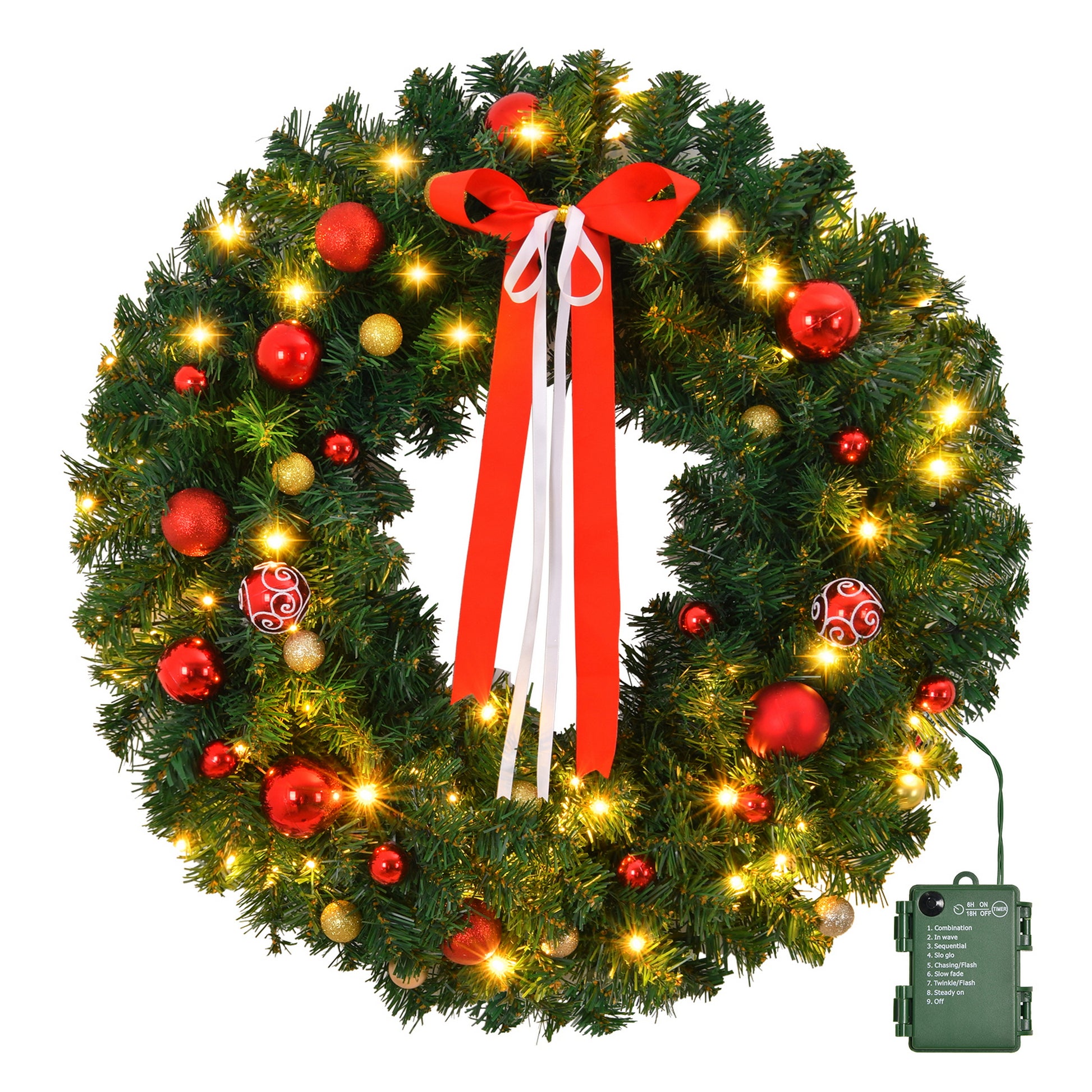 36in Pre-lit Battery Powered Christmas Wreath, Lighted Artificial Xmas Wreath with 80 Warm Lights and 270 PVC Tips and 18 DIY Ornaments, for Front Door Gate Wall Xmas Party Decorations Default Title