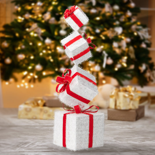 3FT Lighted Gift Box Tower, Pre-lit Stacked Present Boxes Ornament with 80 LED Warm White Lights and Stakes for Christmas Outdoor Indoor Decorations Lighted Holiday Displays Default Title