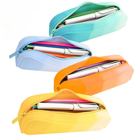 Set of four colorful pencil cases with pens inside on a white background