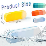 Colorful pencil cases with measurements and water resistance illustration