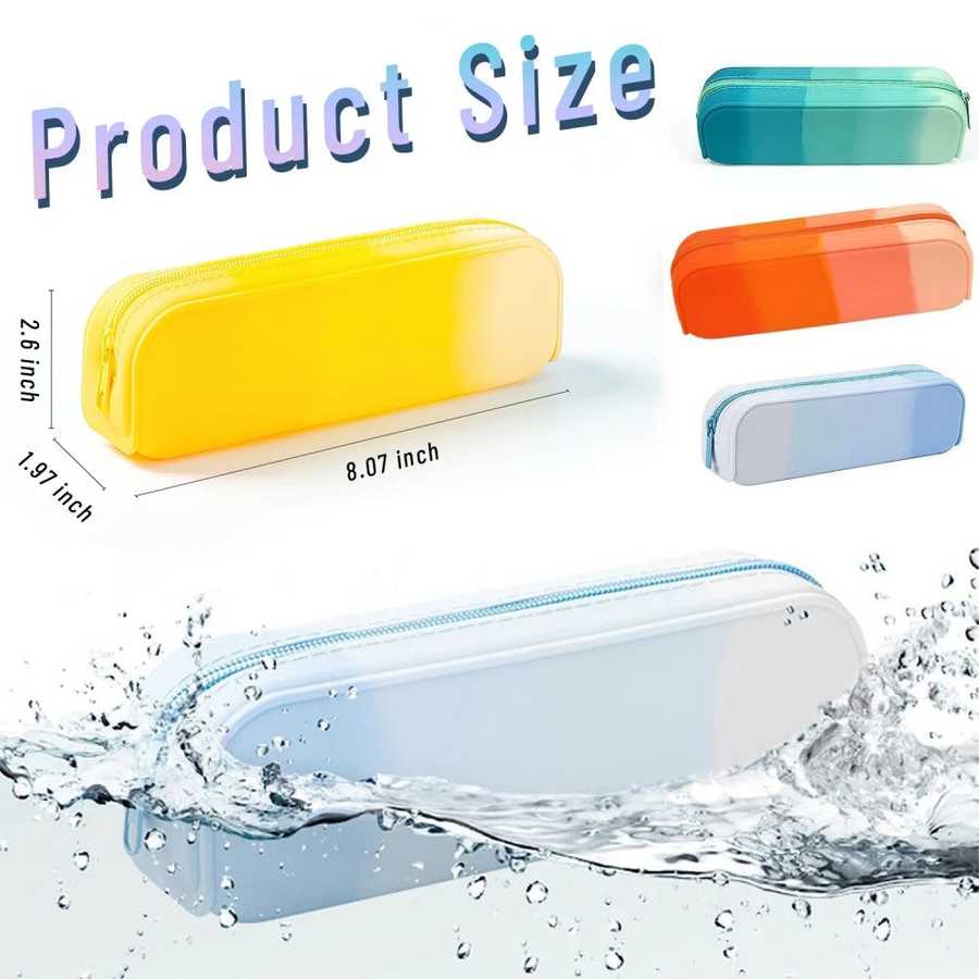 Colorful pencil cases with measurements and water resistance illustration