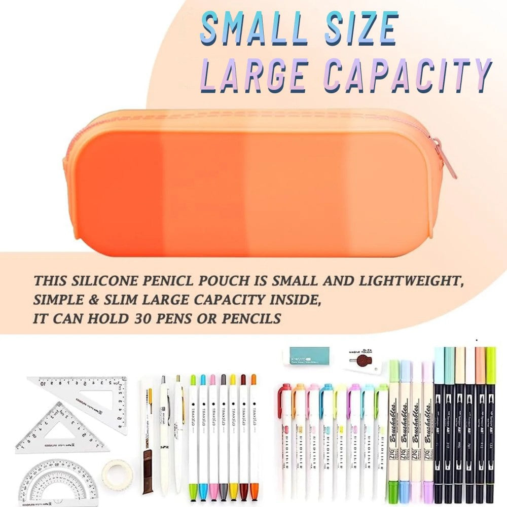 Orange silicone pencil pouch with stationery items on a white background