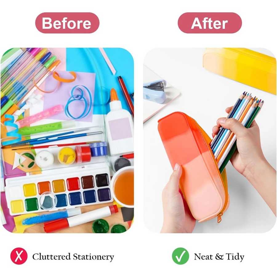 Before and after comparison of cluttered stationery and a neat setup with a pencil case.