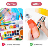Before and after comparison of cluttered stationery and a neat setup with a pencil case.
