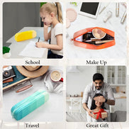 Collage of a girl at school, makeup bag, travel case, and gift scene with text labels.