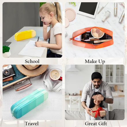 Collage of a girl at school, makeup bag, travel case, and gift scene with text labels.