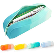 Turquoise pencil case with pens and small colorful cases on a white background