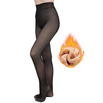 Warm black fleece lined tights with fire graphic indicating heat retention, ideal for winter layering and comfort.