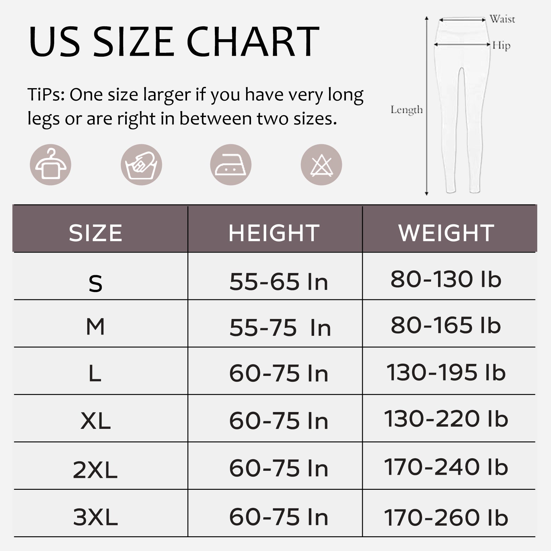 US size chart for Thermal Fleece Lined Tights showing height and weight ranges from S to 3XL for accurate winter leggings fit.