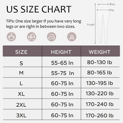 US size chart for Thermal Fleece Lined Tights showing height and weight ranges from S to 3XL for accurate winter leggings fit.