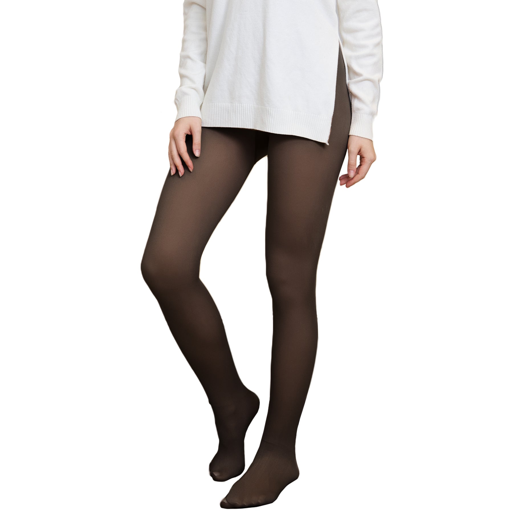 Coffee-colored fleece lined tights paired with a white sweater, ideal for cozy and stylish winter loungewear fashion.