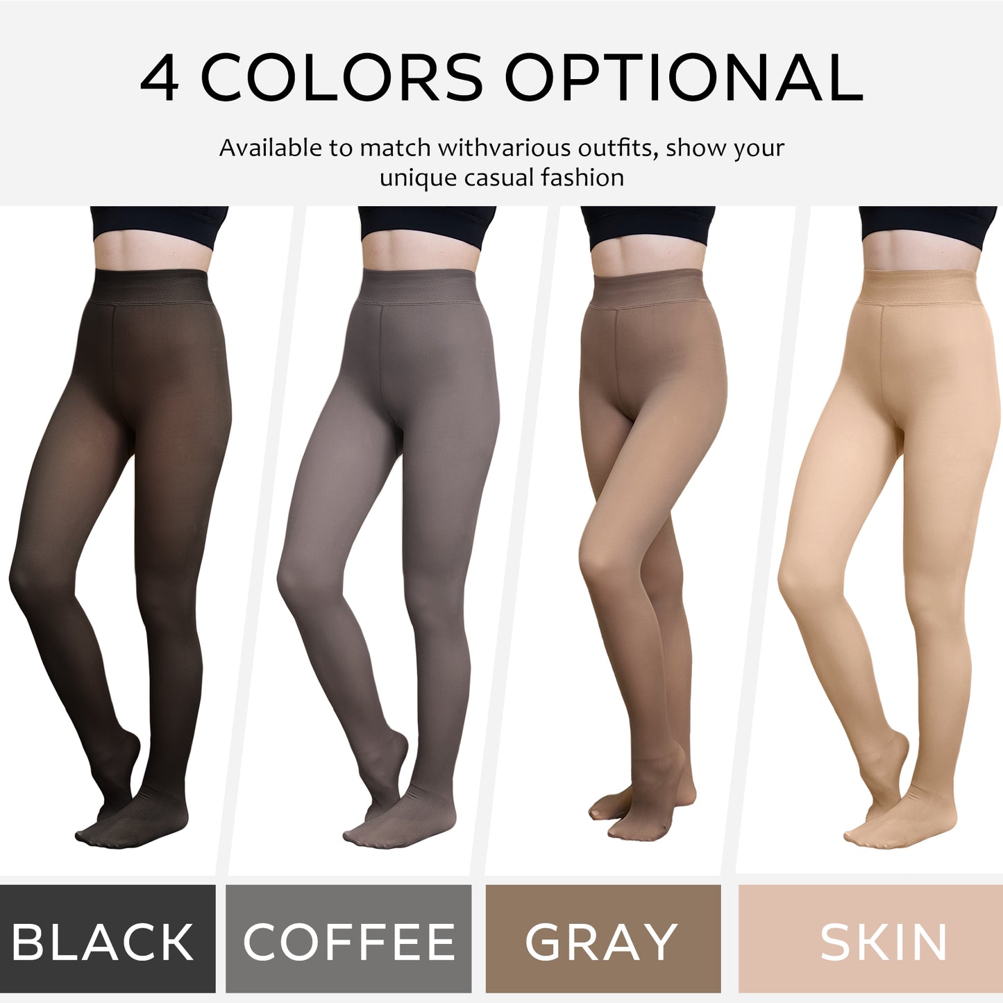 Fleece Lined Tights - Warm Winter Leggings available in black, coffee, gray, and skin tones to match various winter outfits.