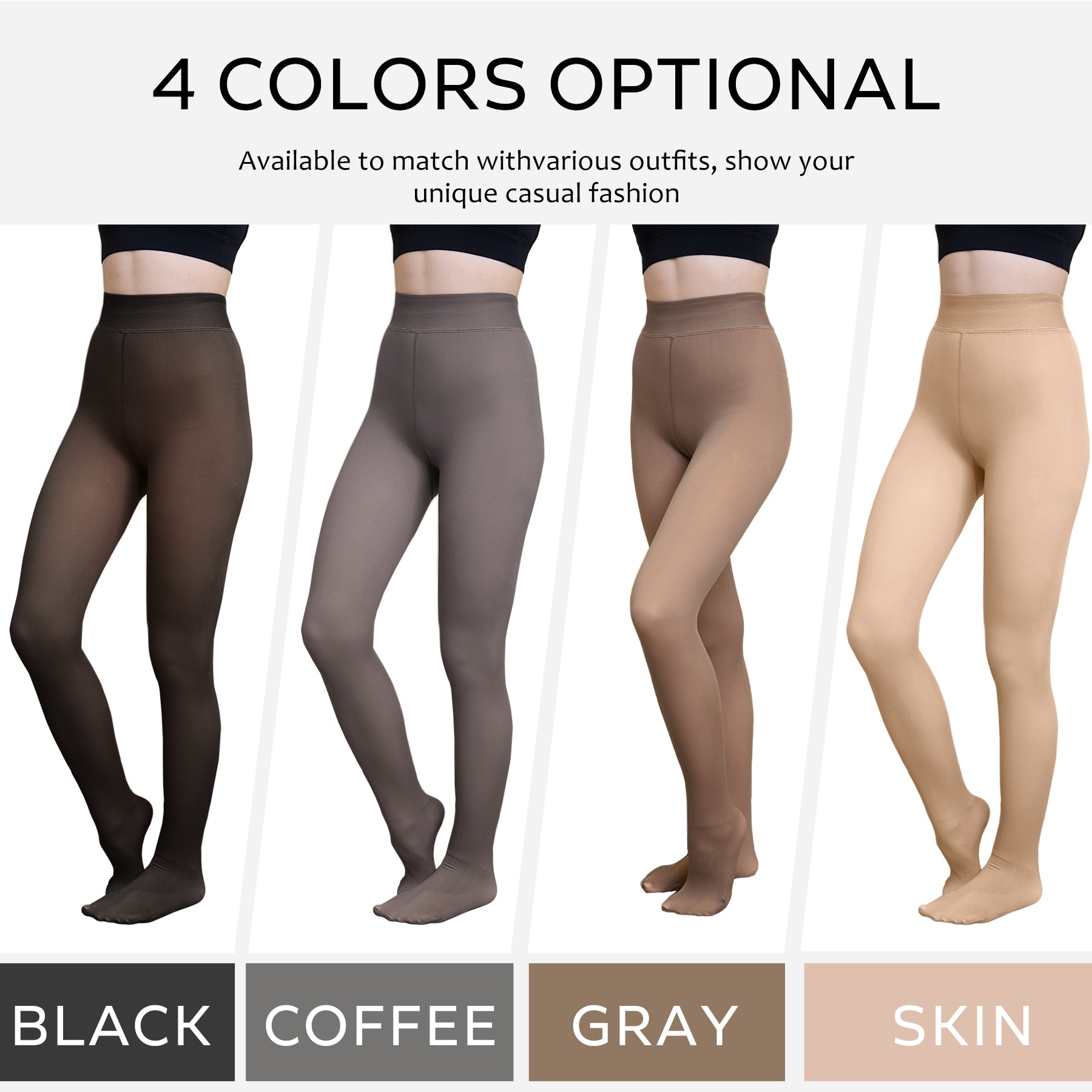 Fleece Lined Tights - Warm Winter Leggings available in black, coffee, gray, and skin tones to match various winter outfits.