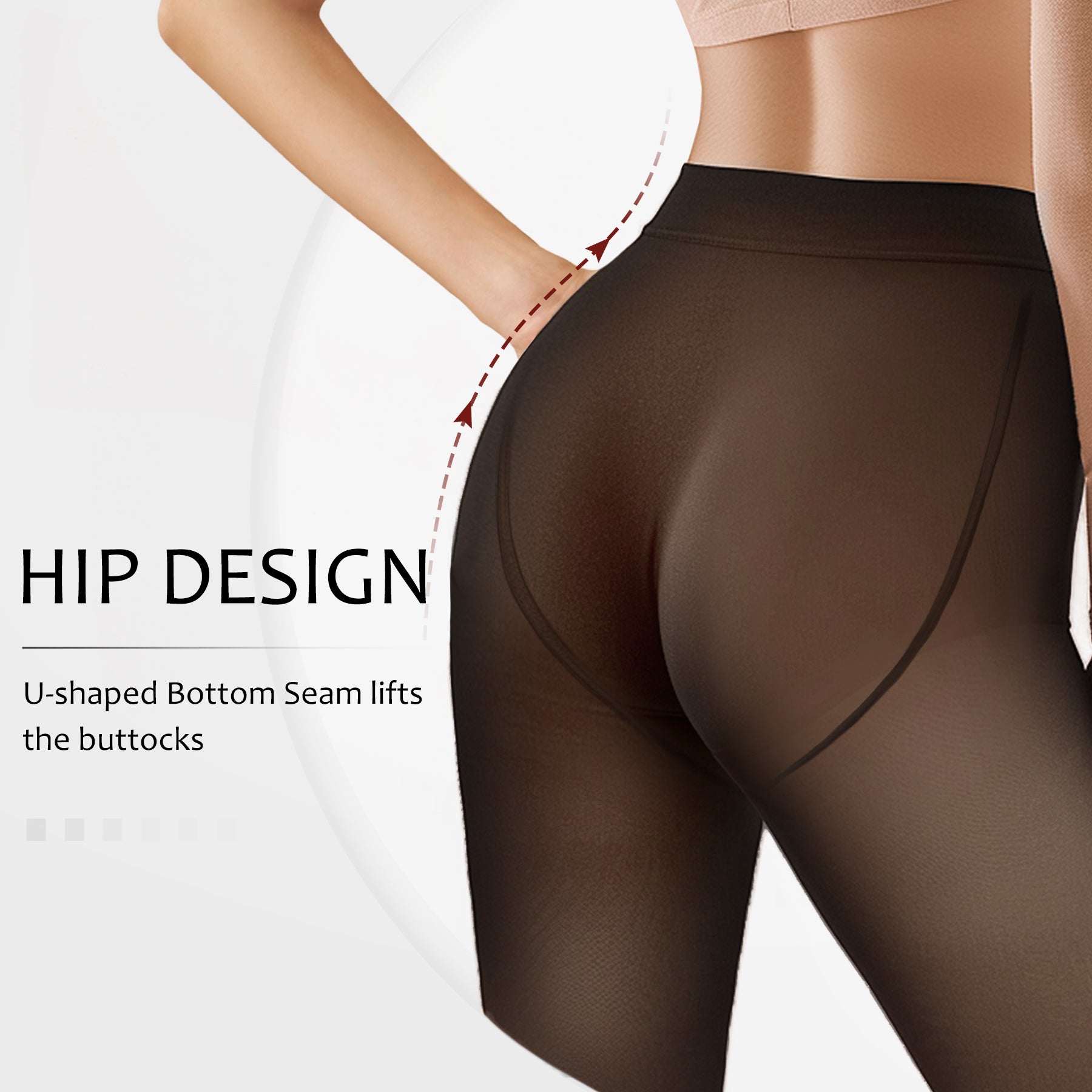 U-shaped hip design on fleece lined tights enhances curves and lifts the buttocks for a flattering winter leggings fit.