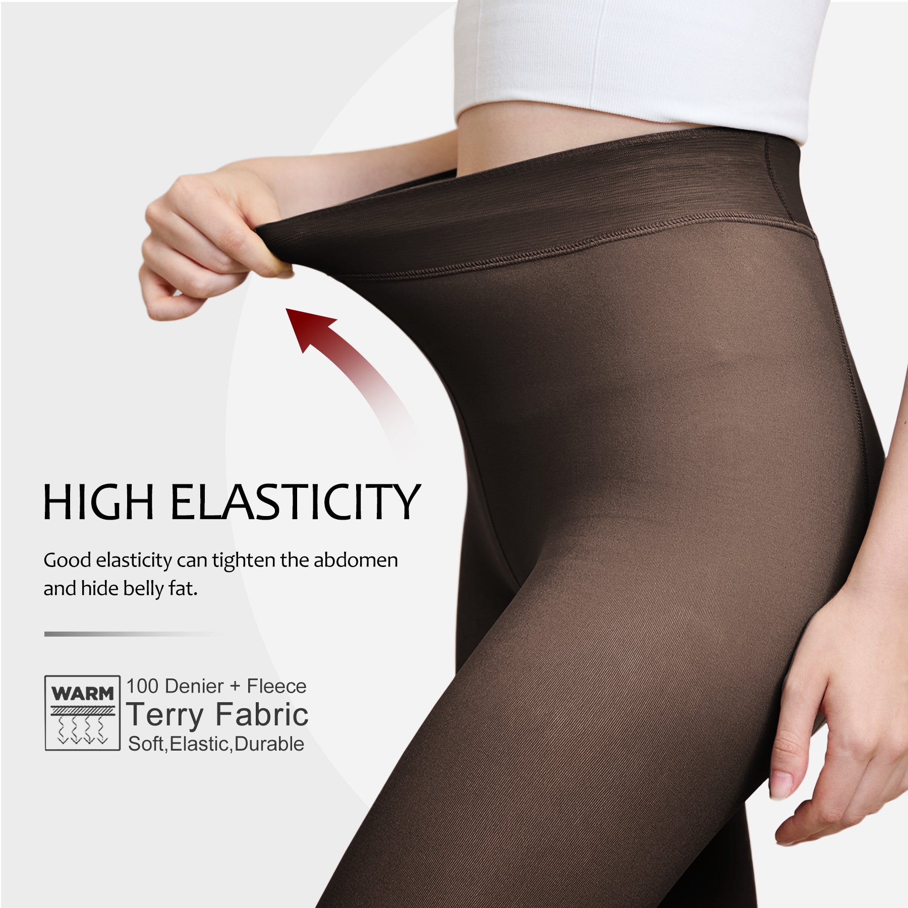 High elasticity fleece lined tights with terry fabric and high waist design for tummy control and warmth during winter.