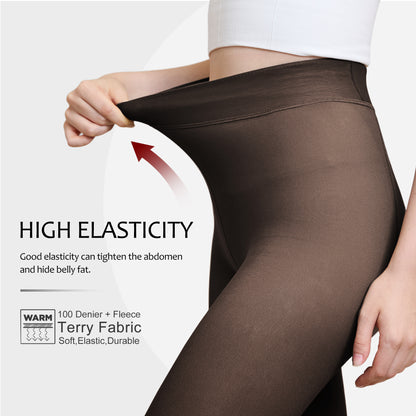 High elasticity fleece lined tights with terry fabric and high waist design for tummy control and warmth during winter.