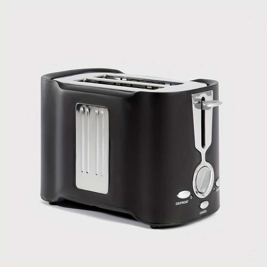 Angled view of 2 slice toaster with wide slots and user-friendly controls, perfect for quick results and easy clean-up.