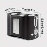 Compact 2 slice toaster measuring 26cm wide with wide slots and easy-to-use controls, ideal for fast breakfast prep in small kitchens.