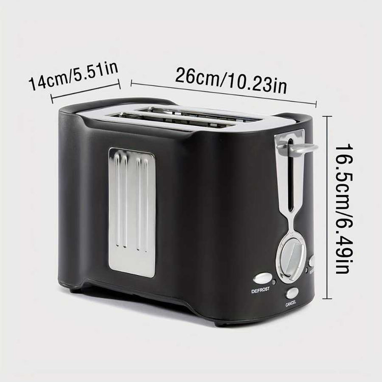 Compact 2 slice toaster measuring 26cm wide with wide slots and easy-to-use controls, ideal for fast breakfast prep in small kitchens.