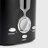 Close-up of 2 slice toaster control panel showing defrost, cancel, and reheat buttons for customizable toasting options.