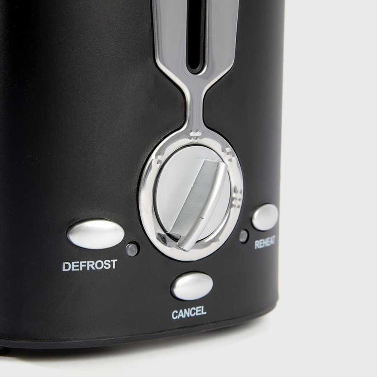 Close-up of 2 slice toaster control panel showing defrost, cancel, and reheat buttons for customizable toasting options.