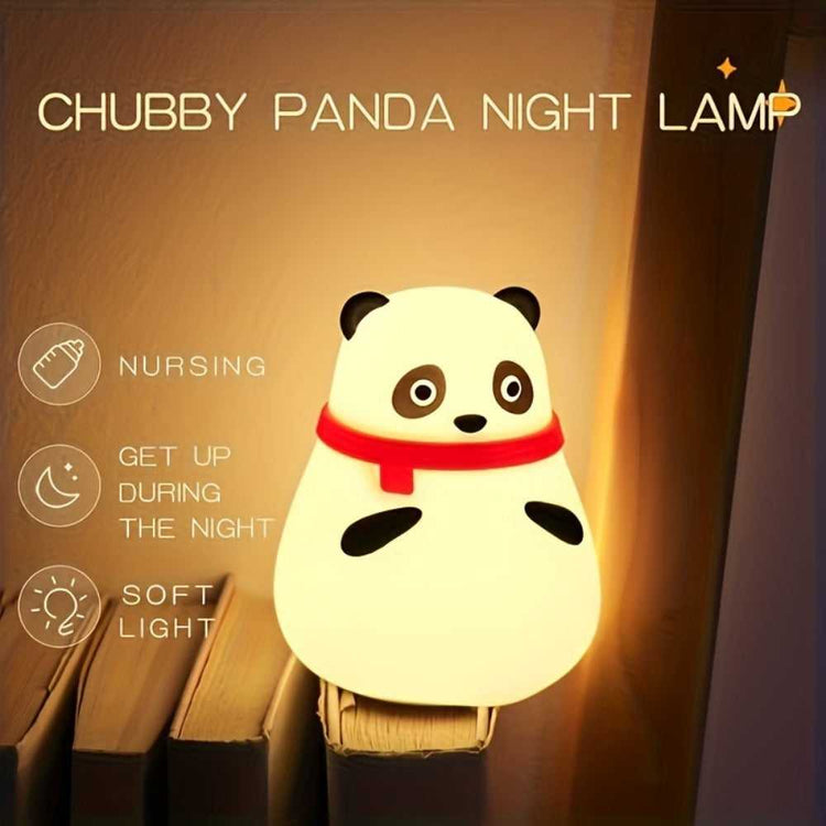 Chubby panda silicone night light with red scarf glowing warm for nighttime