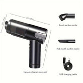 Wireless Car Vacuum Cleaner USB Charging model displayed with brush and flat nozzles and USB cable, highlighting compact design and accessories.