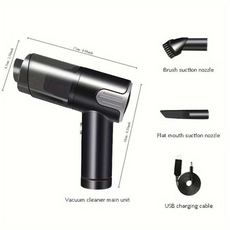 Wireless Car Vacuum Cleaner USB Charging model displayed with brush and flat nozzles and USB cable, highlighting compact design and accessories.