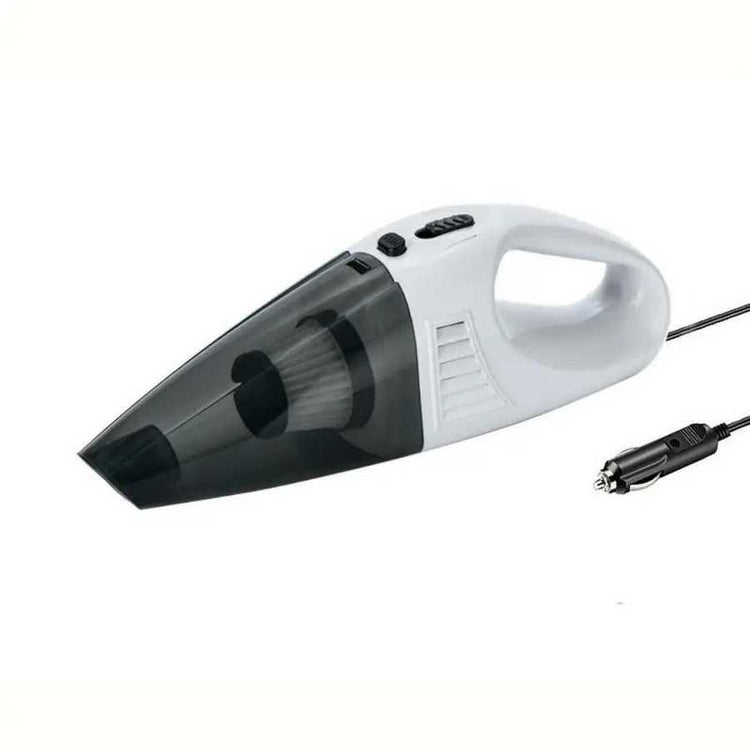 Compact HEPA Air Purifier Dust Collector vacuum cleaner with ergonomic handle and cigarette lighter plug for portable home or car use.
