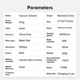 Detailed specs of HEPA Air Purifier Dust Collector vacuum cleaner including 60W power, 150ml dust capacity, and <70dB noise level.