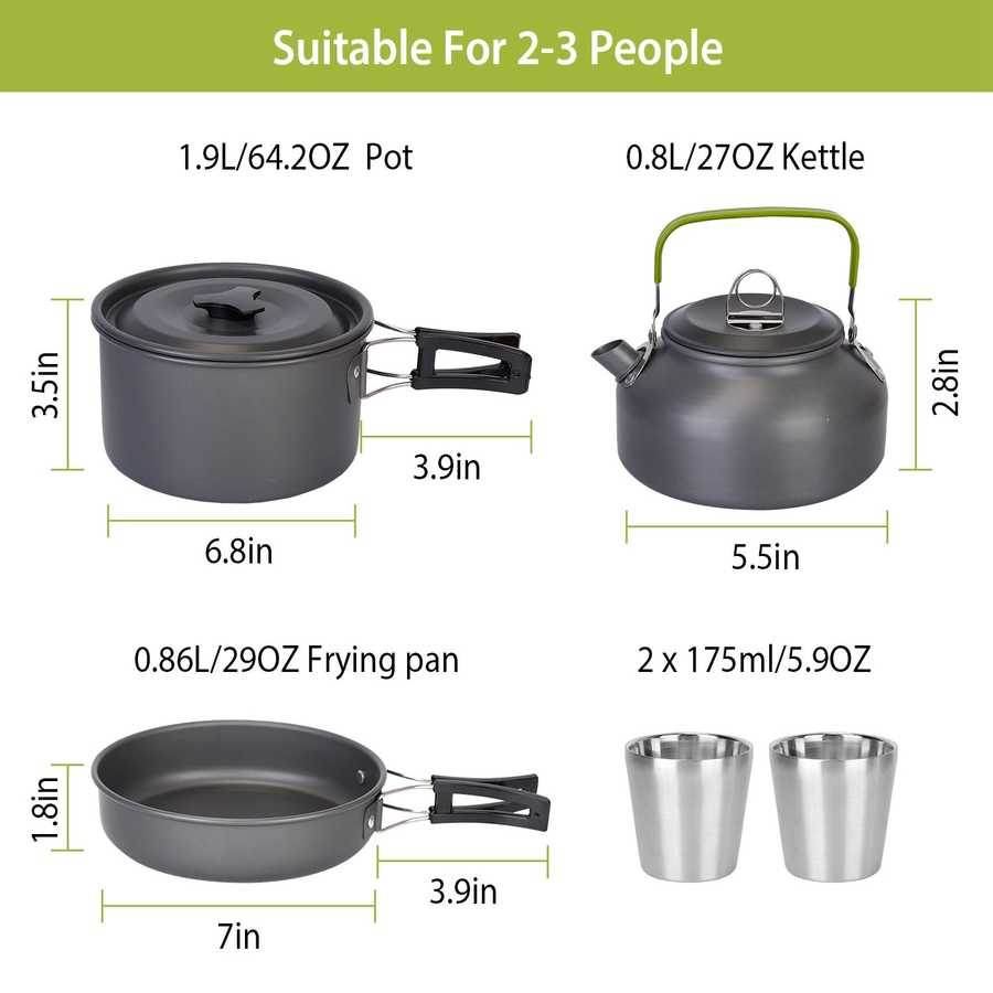 Dimensions of pot, kettle, frying pan, and cups from 12Pcs Camping Cookware Set. Suitable for 2-3 people, perfect for camping meals.