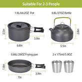 Dimensions of pot, kettle, frying pan, and cups from 12Pcs Camping Cookware Set. Suitable for 2-3 people, perfect for camping meals.
