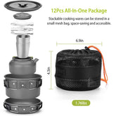 Stackable 12Pcs Camping Cookware Set packed in mesh bag. Lightweight and space-saving design for easy transport and storage.