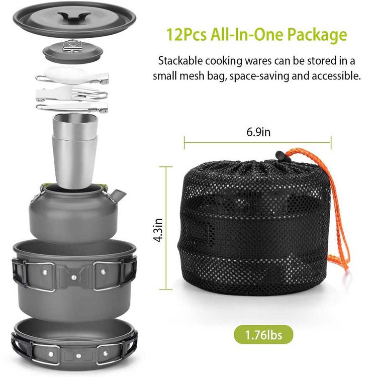 Stackable 12Pcs Camping Cookware Set packed in mesh bag. Lightweight and space-saving design for easy transport and storage.