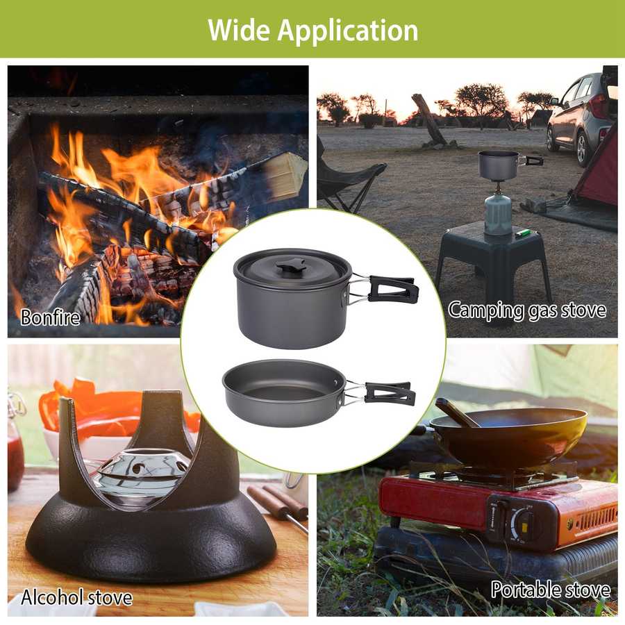 12Pcs Camping Cookware Set shown in use on bonfire, gas, alcohol, and portable stoves. Versatile cookware for all outdoor cooking methods.