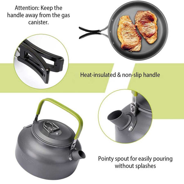 Close-up of heat-insulated handle and spout on kettle from 12Pcs Camping Cookware Set. Designed for safe and splash-free outdoor cooking.